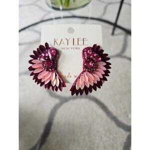 Kay Lee Burgundy Pink Fan Rhinestone Earrings NWT
